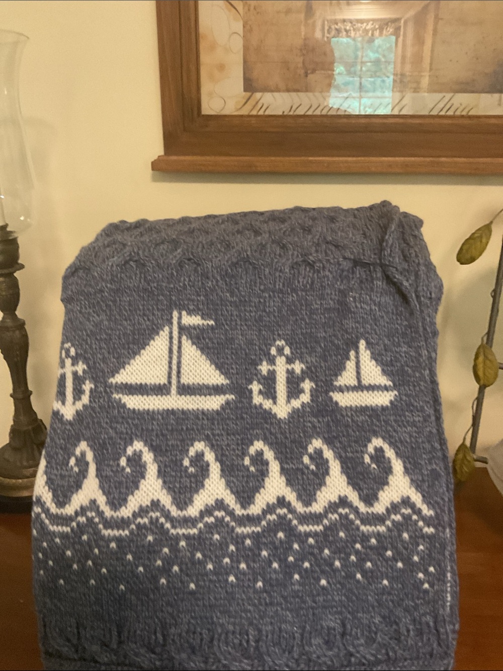 Blue Nautical throw with White Sailboat Pattern